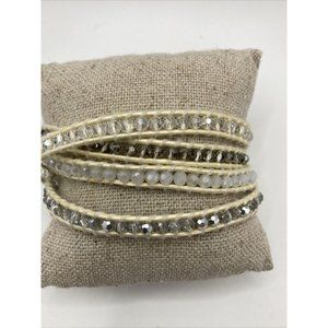 Victoria Emerson LEATHER WRAP BRACELET White Silver‎ crystal Strand 35"